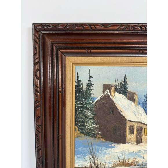 Winter Cottage Landscape Scene Oil Painting In Wood Frame MCM VTG Cozy Cottage - Picture 3 of 11